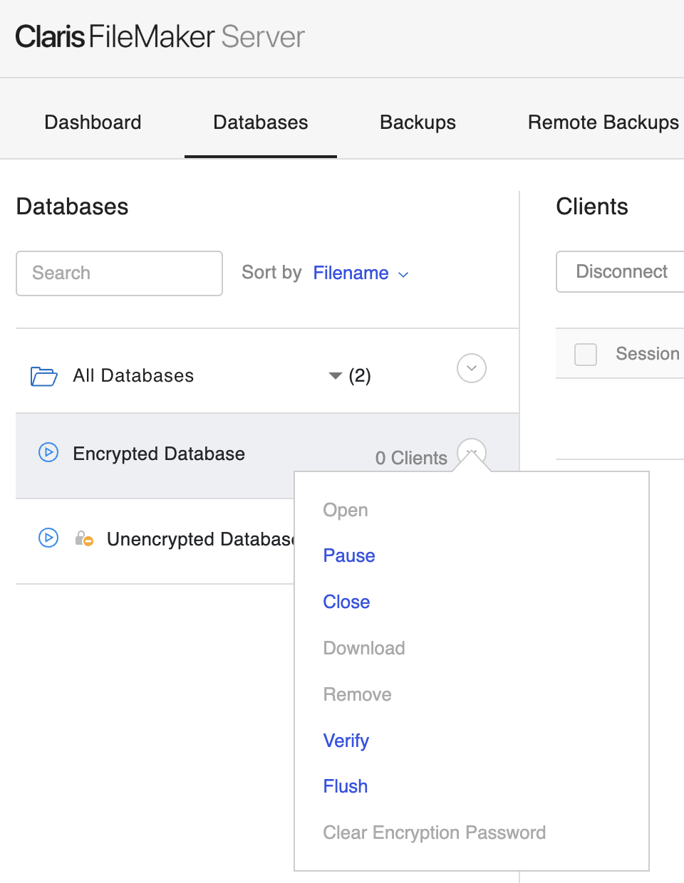 database list with encrypted file